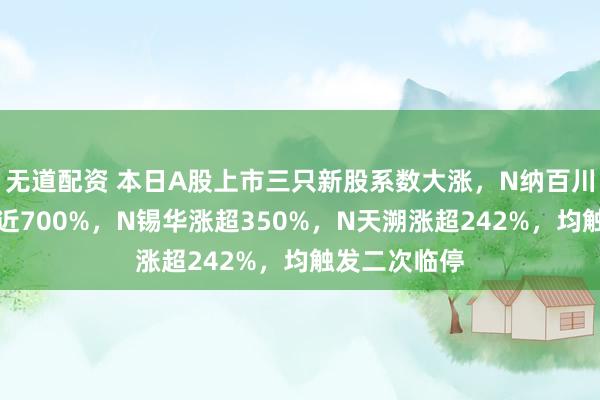 无道配资 本日A股上市三只新股系数大涨，N纳百川一度拉升涨近700%，N锡华涨超350%，N天溯涨超242%，均触发二次临停